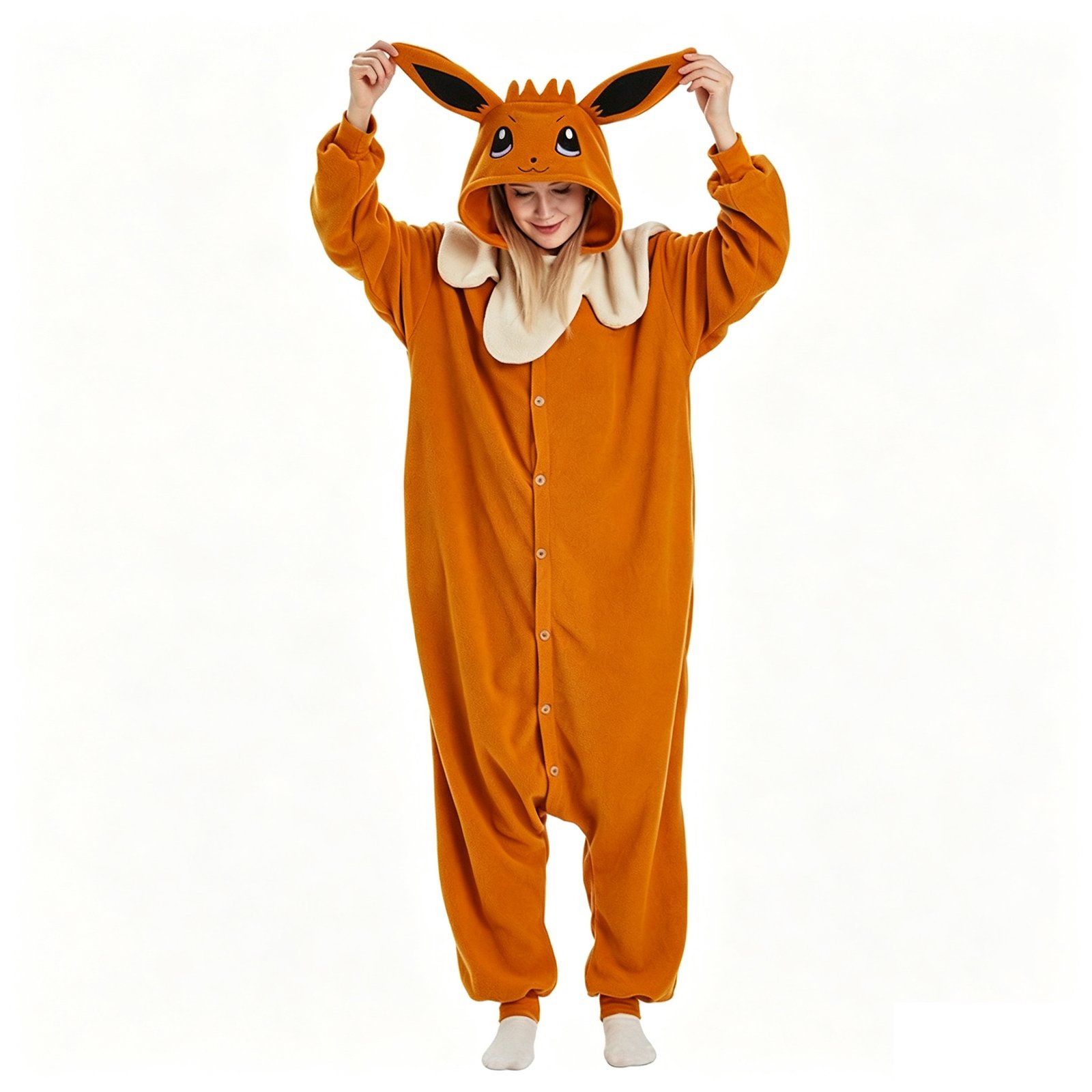 Adult wearing an Eevee onesie costume