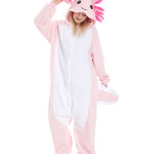 Adult wearing a pink axolotl onesie pajama costume