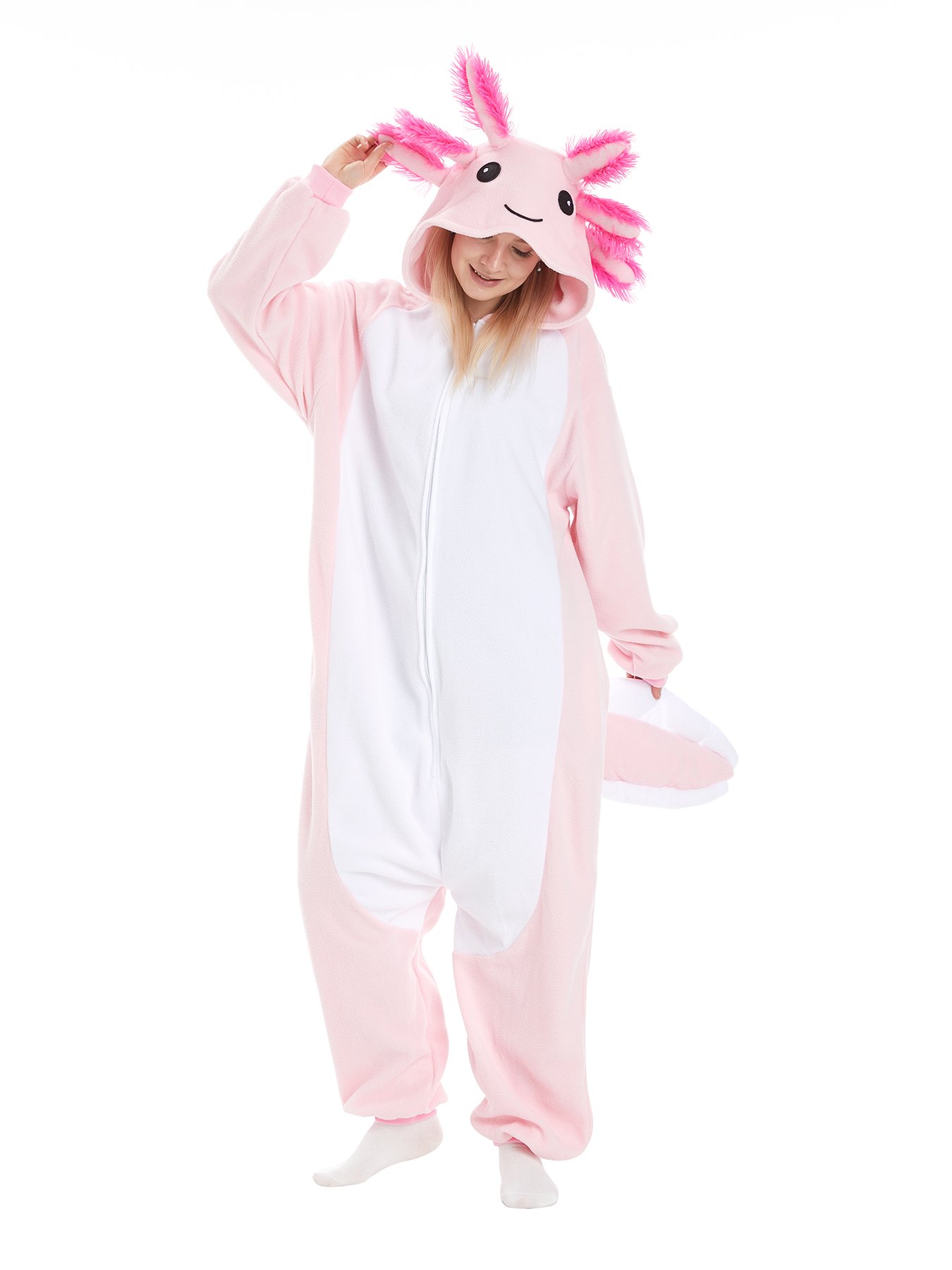Adult wearing a pink axolotl onesie pajama costume