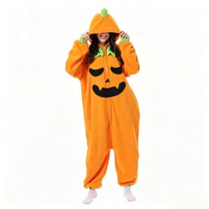 Adult wearing an orange pumpkin Halloween onesie