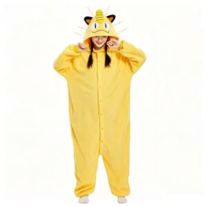 Adult wearing a yellow cat kigurumi onesie