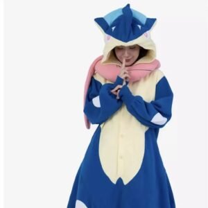 Blue fantasy creature kigurumi onesie pajamas with cream belly and hood