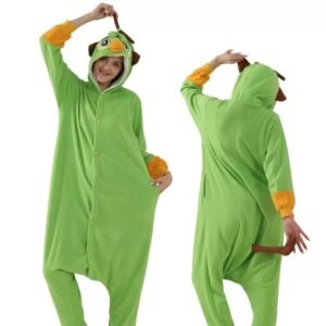 Green forest creature kigurumi onesie pajamas, front and back view