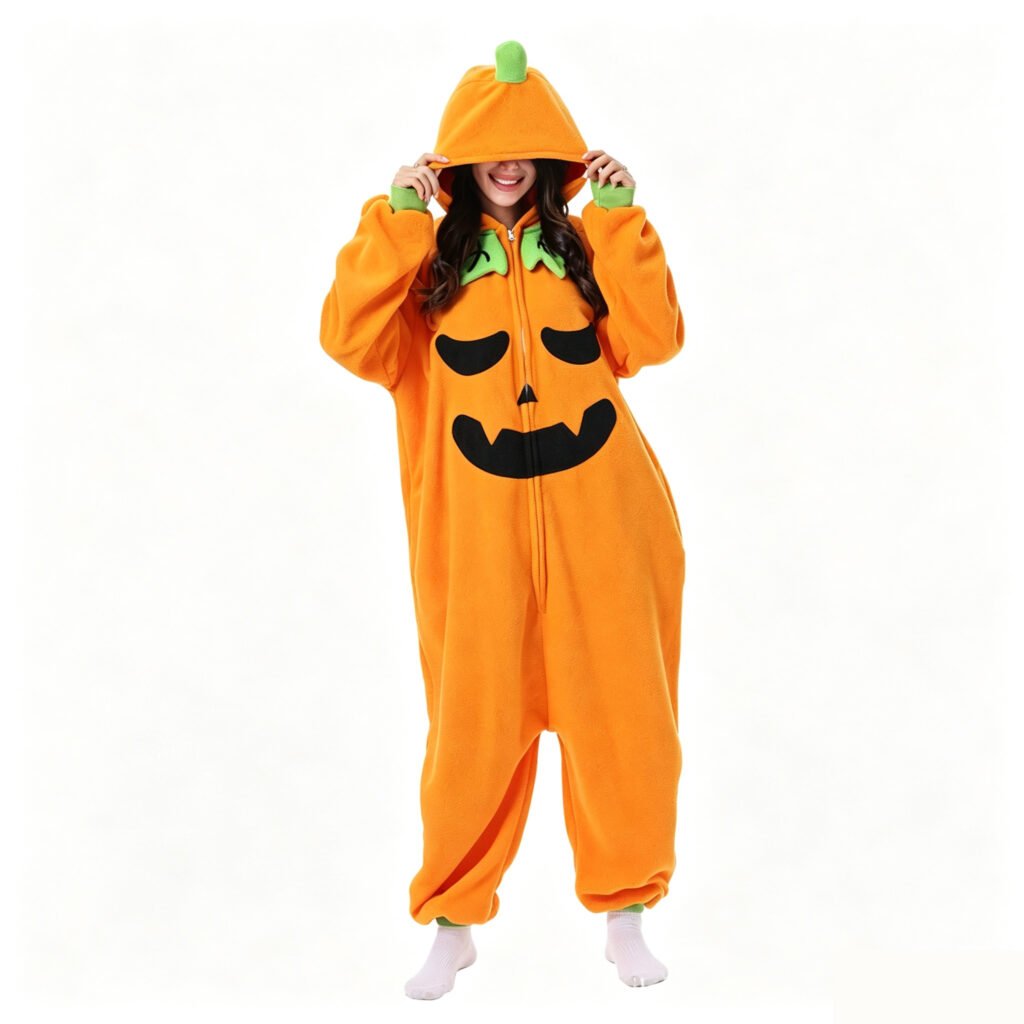 Adult wearing an orange pumpkin Halloween onesie