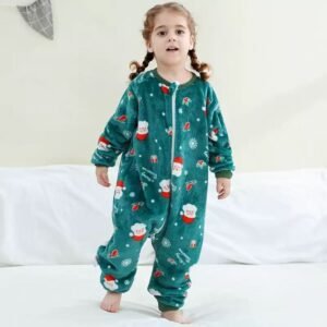 Green Christmas flannel fleece onesie pajamas for kids with Santa holiday print
