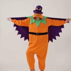 Adult orange pumpkin bat Halloween onesie costume with purple wings front view