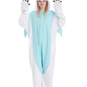 Adult model wearing a white and sky-blue winged dragon onesie, front view