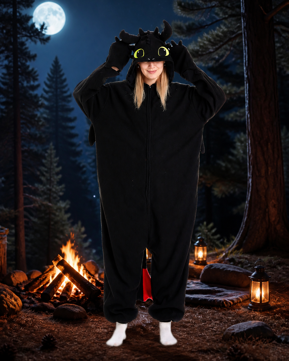 Adult wearing a black winged dragon onesie in a moonlit forest setting
