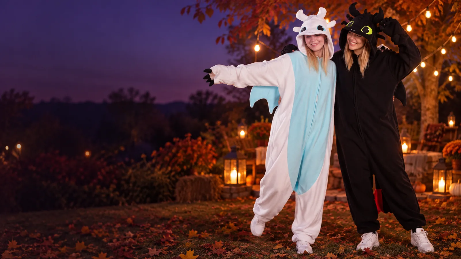 Two adults wearing winged dragon onesies at an autumn gathering