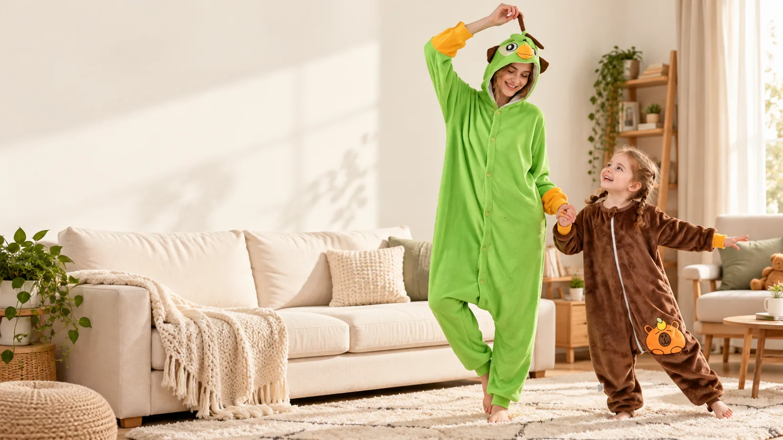 Adult and child in cozy animal onesies playing at home