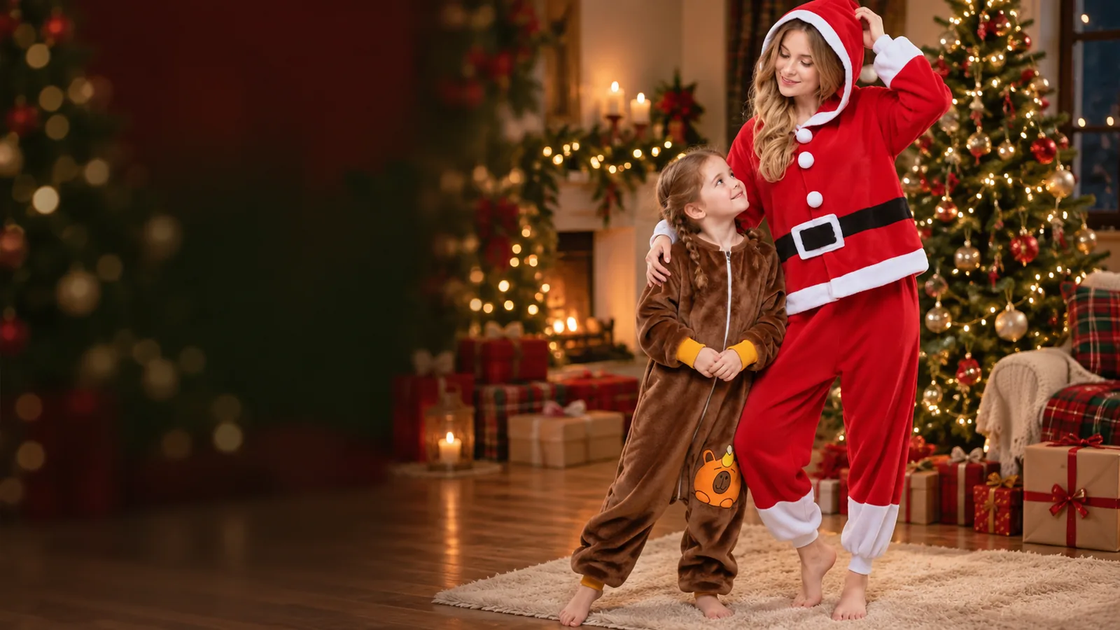 Adult and child in festive onesies beside a holiday tree