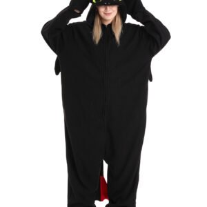 Adult model wearing a black winged dragon onesie, front view